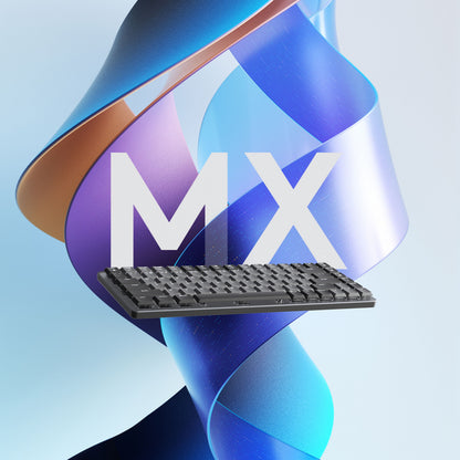 Logitech MX Mechanical Mini trådløst mekanisk tastatur, Tactile Quiet Brown, med blåt og lilla bånd samt MX-logo.