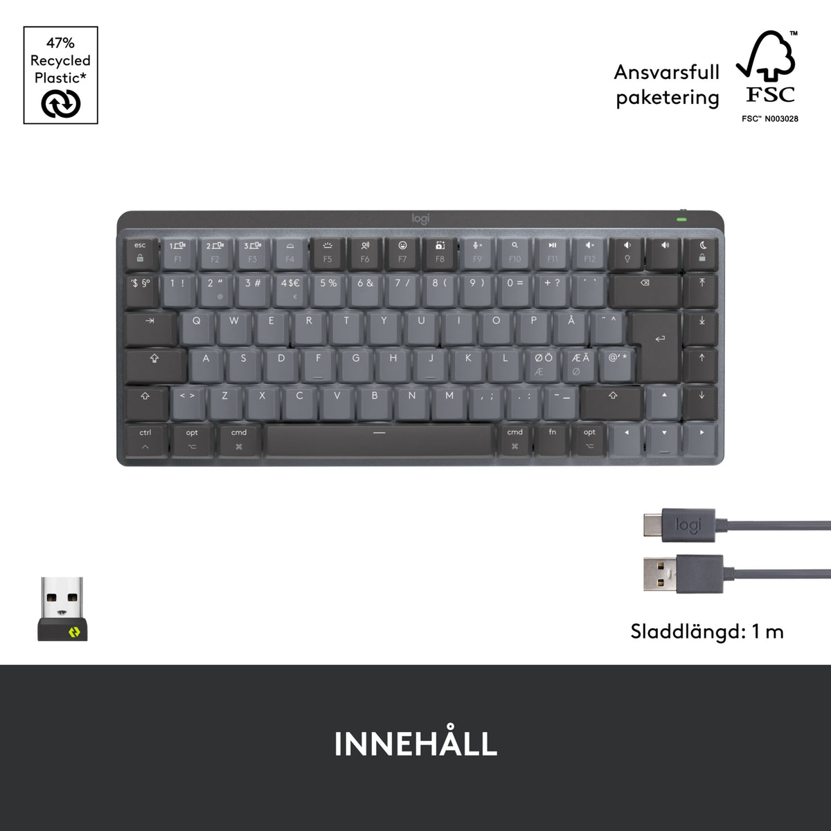 Logitech MX Mechanical Mini trådløst tastatur, Tactile Quiet, nordisk tastaturlayout, lavprofiltaster, USB-modtager og opladerkabel.