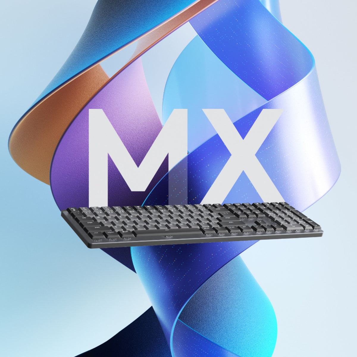 Logitech MX Mechanical trådløst mekanisk tastatur, Tactile Quiet (Brown) med mørkegrå taster, MX-logo foran og blå stribe.