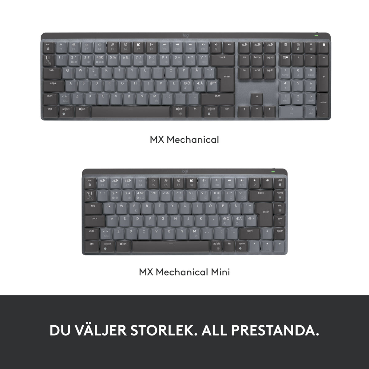 Logitech MX Mechanical – trådløst mekanisk tastatur i fuld størrelse og kompakt udgave, Tactile Quiet Brown, nordisk tastaturlayout.