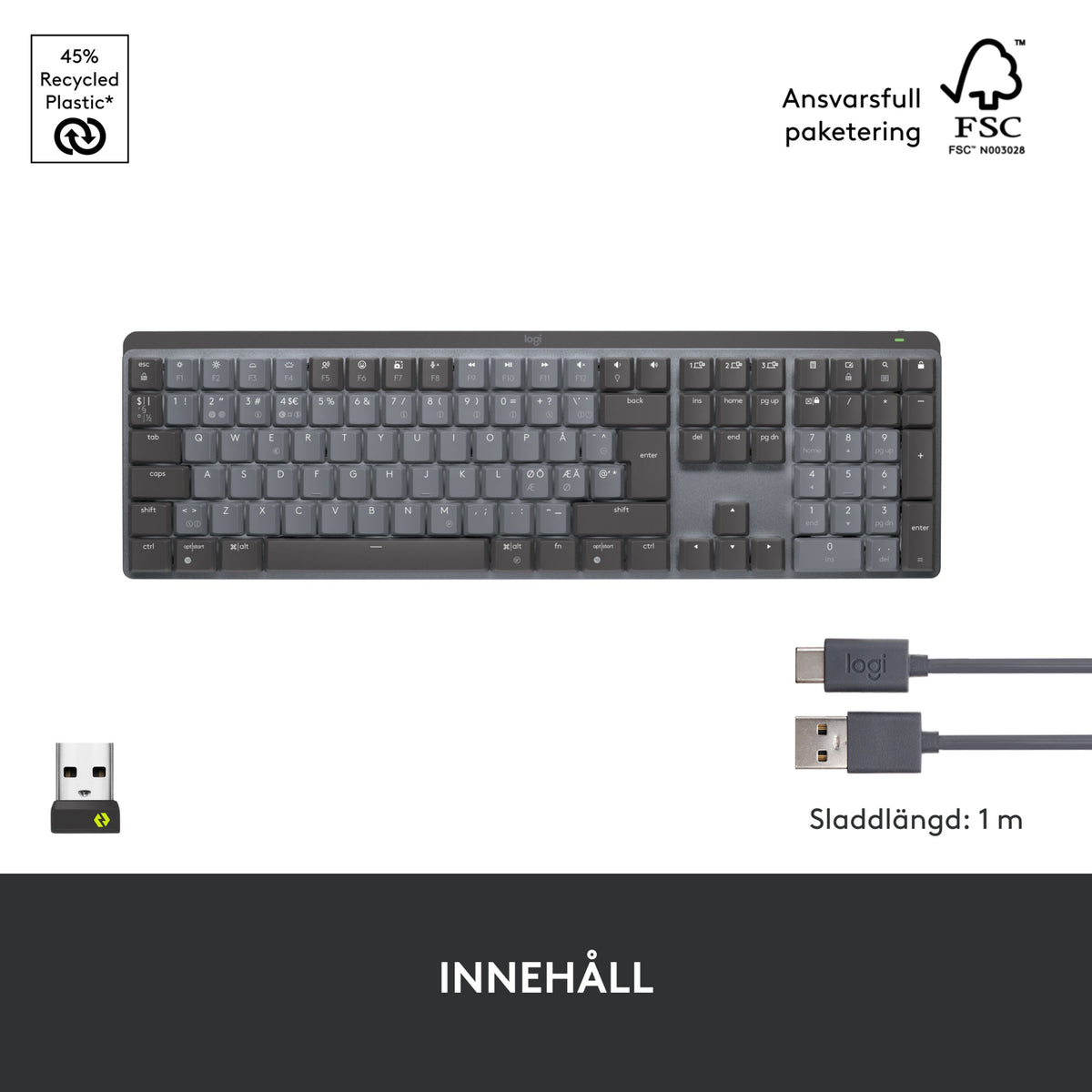 Logitech MX Mechanical trådløst mekanisk tastatur, nordisk layout, Tactile Quiet (Brown), lavprofil, USB-C og modtager.
