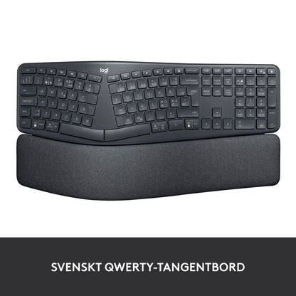 Logitech Ergo K860 – trådløst ergonomisk tastatur med buet, opdelt tastaturlayout og integreret håndledsstøtte.