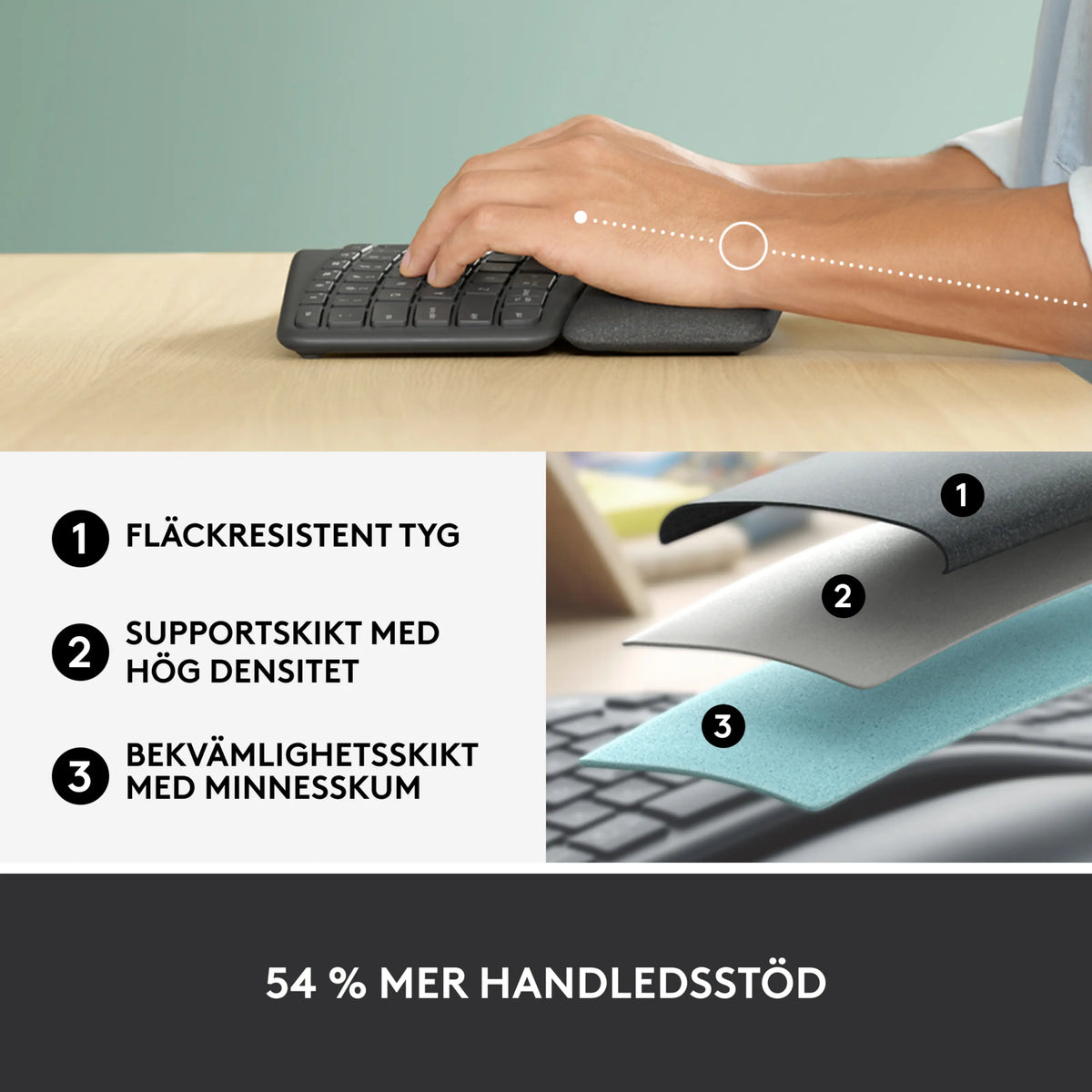 Logitech Ergo K860 – ergonomisk trådløst tastatur med et tværsnit af trelags støttemateriale i håndledsstøtten.