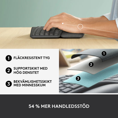 Logitech Ergo K860 – ergonomisk trådløst tastatur med et tværsnit af trelags støttemateriale i håndledsstøtten.