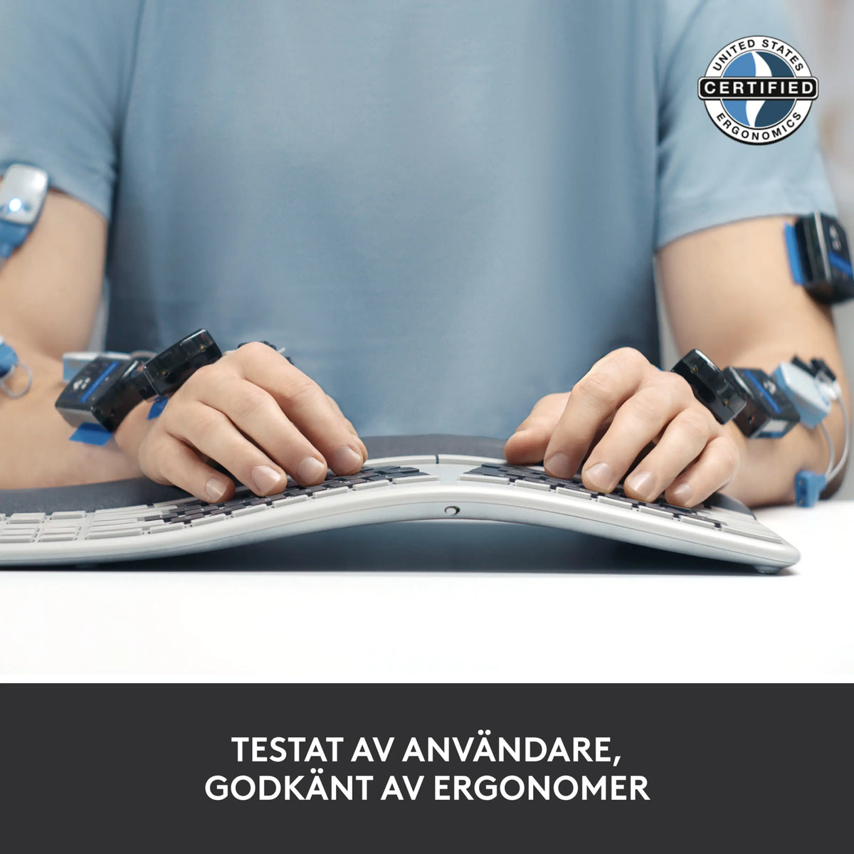 Logitech Ergo K860 – trådløst ergonomisk tastatur med sensorer på hænder og håndled samt Certified Ergonomics-mærke.