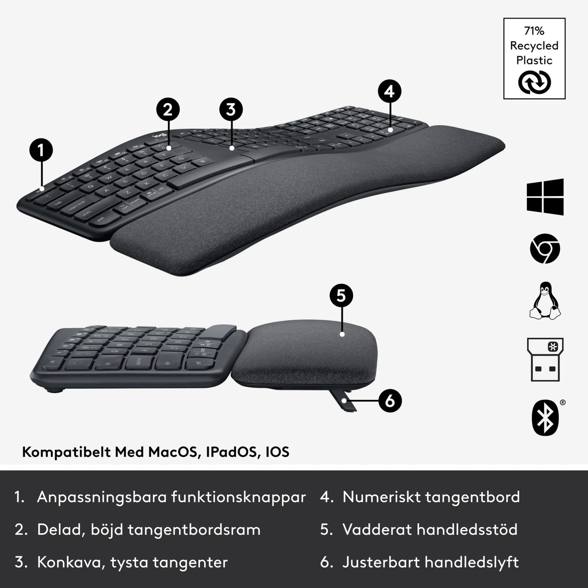 Logitech Ergo K860 – trådløst ergonomisk tastatur med opdelt, buet design, håndledsstøtte, tekstfelter og ikoner.