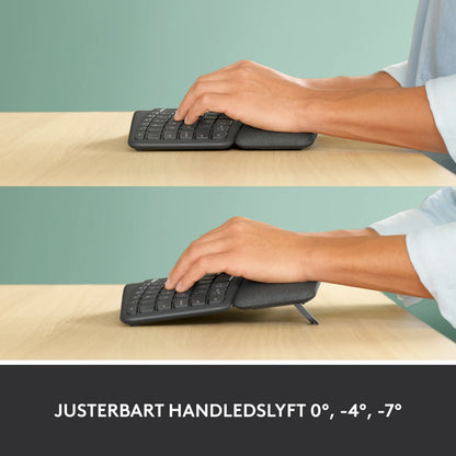 Logitech Ergo K860 trådløst tastatur i split-screen-design med justerbar håndledsstøtte på 0°, -4° og -7°.