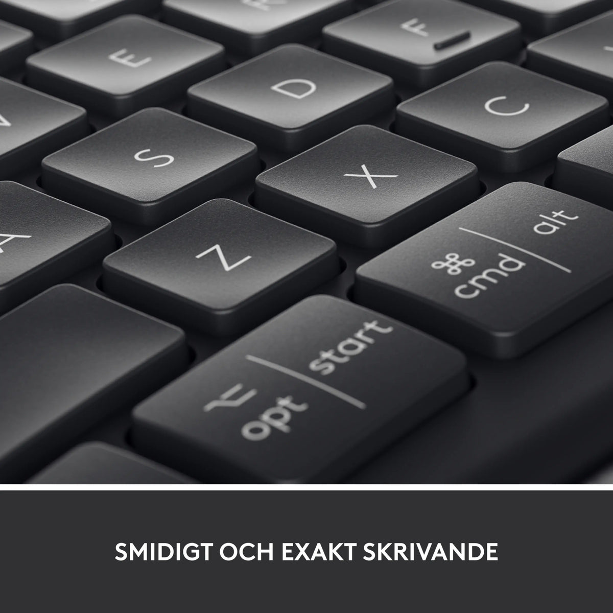 Logitech Ergo K860 ergonomisk trådløst tastatur, nærbillede af tasterne, herunder bogstaver, Command, Option og Start.