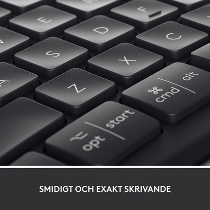 Logitech Ergo K860 ergonomisk trådløst tastatur, nærbillede af tasterne, herunder bogstaver, Command, Option og Start.