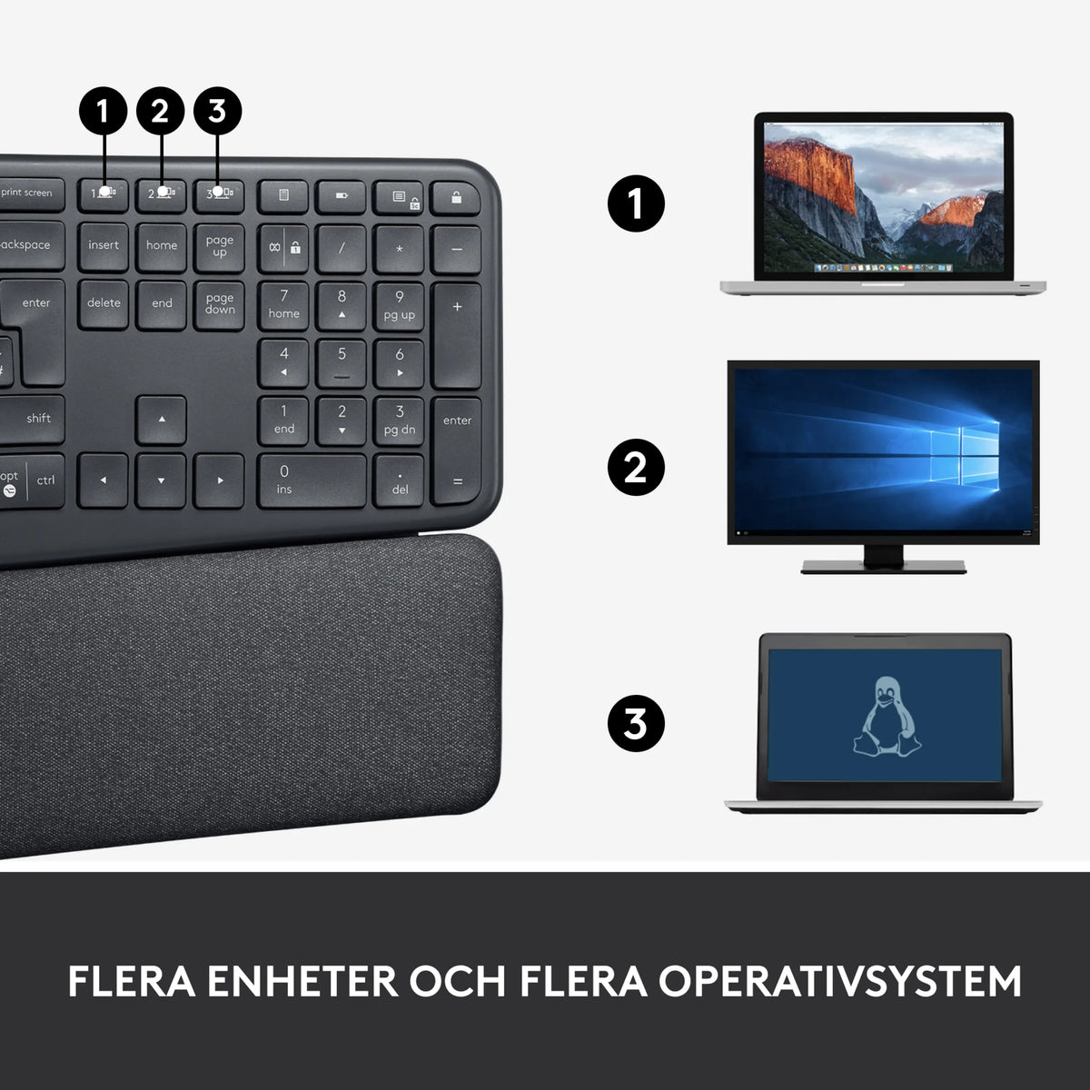 Logitech Ergo K860 – et ergonomisk, trådløst tastatur med nummererede skifteknapper, der kan tilsluttes to bærbare computere og en skærm.