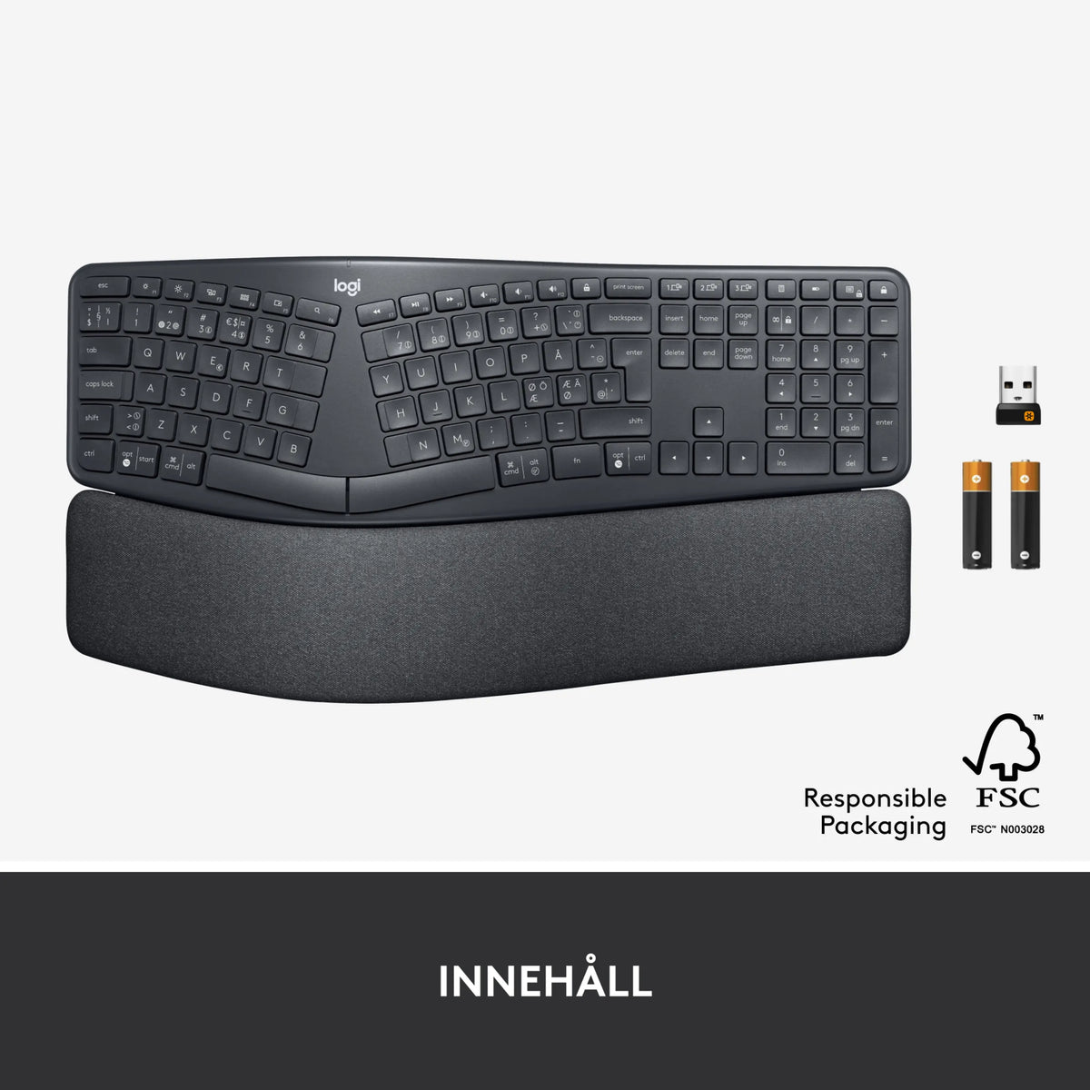 Logitech Ergo K860 – trådløst ergonomisk tastatur med delt, buet design, håndledsstøtte, USB-modtager og to batterier.