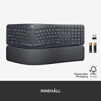 Logitech Ergo K860 – trådløst ergonomisk tastatur med delt, buet design, håndledsstøtte, USB-modtager og to batterier.