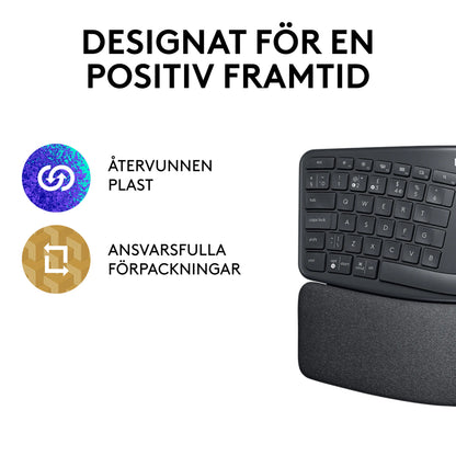 Logitech Ergo K860 – trådløst ergonomisk tastatur med buet håndledsstøtte og ikoner for genbrugsplast og emballage.