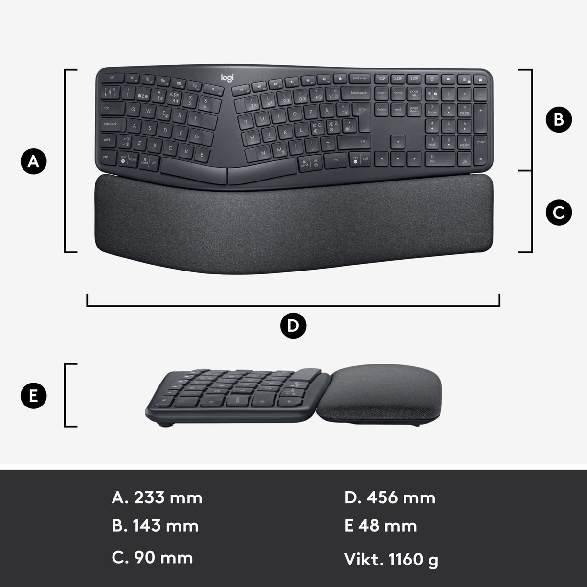 Logitech Ergo K860 trådløst split-tastatur med integreret håndledsstøtte, vist set ovenfra og fra siden med målangivelser.