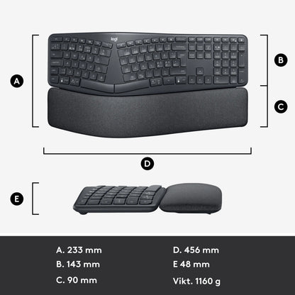 Logitech Ergo K860 trådløst split-tastatur med integreret håndledsstøtte, vist set ovenfra og fra siden med målangivelser.