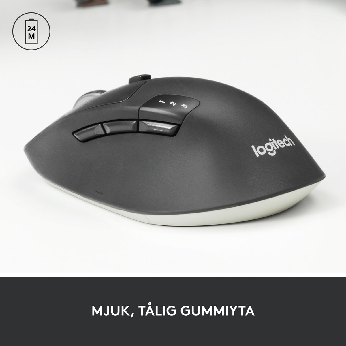 Logitech M720 trådløs mus med Bluetooth, Unifying, knapper mærket 1-3 og ikon for 24 måneders batterilevetid.