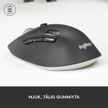 Logitech M720 trådløs mus med Bluetooth, Unifying, knapper mærket 1-3 og ikon for 24 måneders batterilevetid.