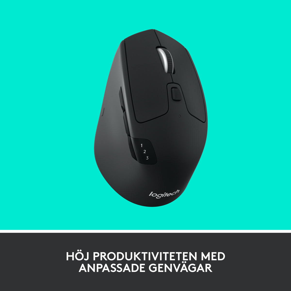 Logitech M720 trådløs mus i sort med Unifying, Bluetooth, rullehjul, sideknapper og vælgerkontakt på siden.