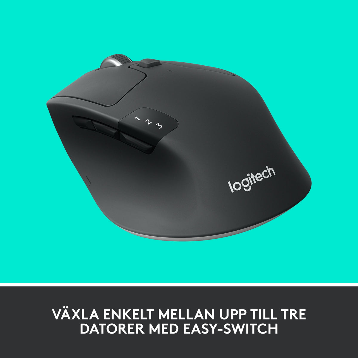 Sorter Logitech M720 trådløs mus med Unifying, Bluetooth, tre sideknapper, 1-2-3-enhedsskift og Easy-Switch-tekst.