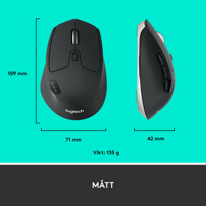 Logitech M720 trådløs mus i sort, set ovenfra og fra siden med angivne mål i mm og vægt i gram.