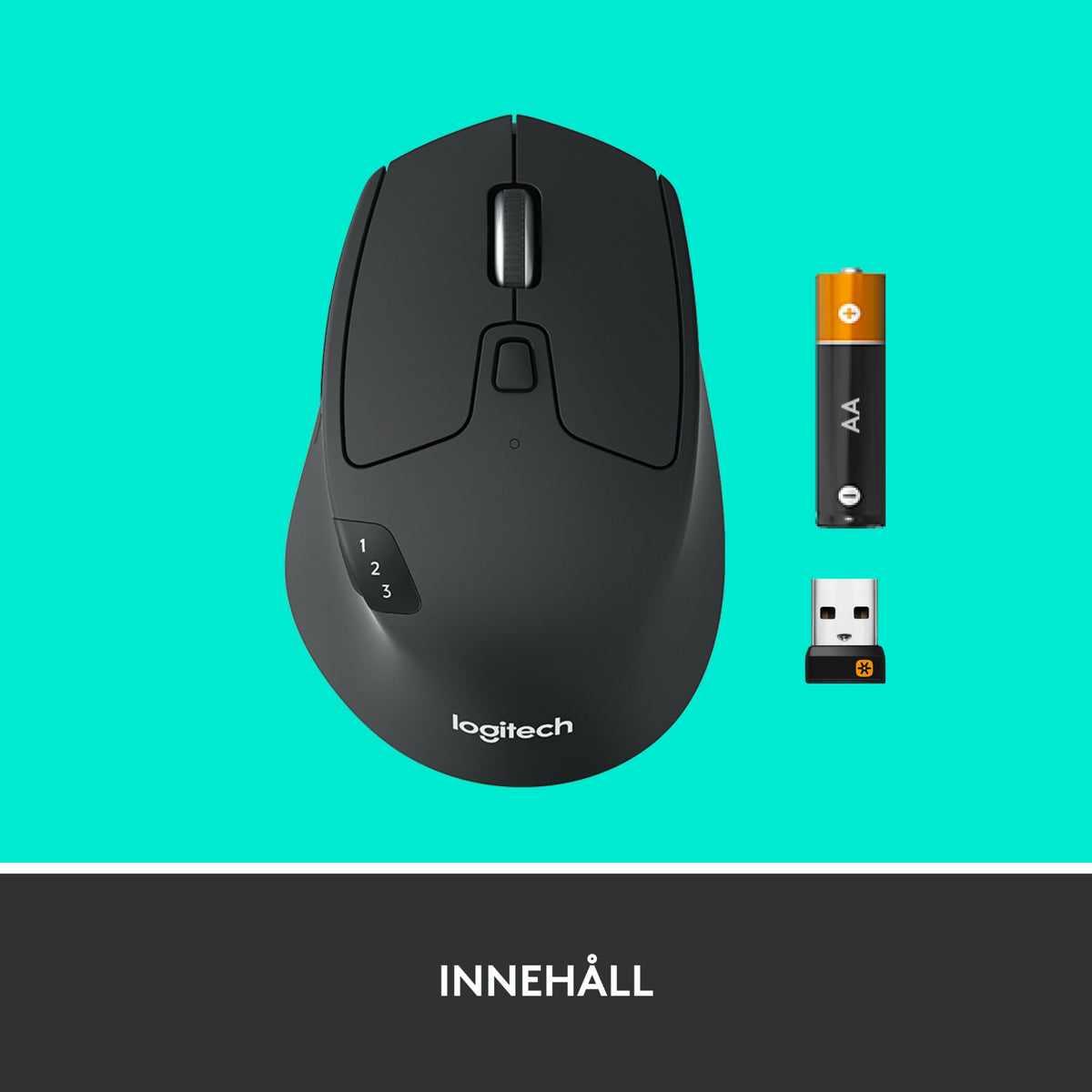 Logitech M720 trådløs mus i sort med rullehjul, knapper til skift mellem enheder, AA-batteri og USB-modtager.