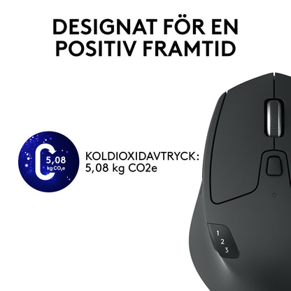 Logitech M720 trådløs mus med Unifying, Bluetooth, knap til skift mellem enheder og et klistermærke med et CO₂-aftryk på 5,08 kg.