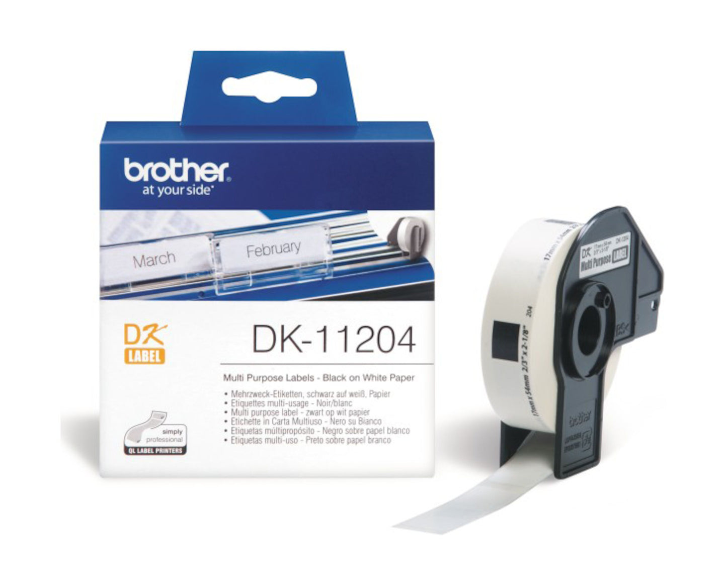 Brother DK-etiketter 17x54 labelrulle med blå/hvid æske, synligt DK Label logo og mapper markeret March, February.