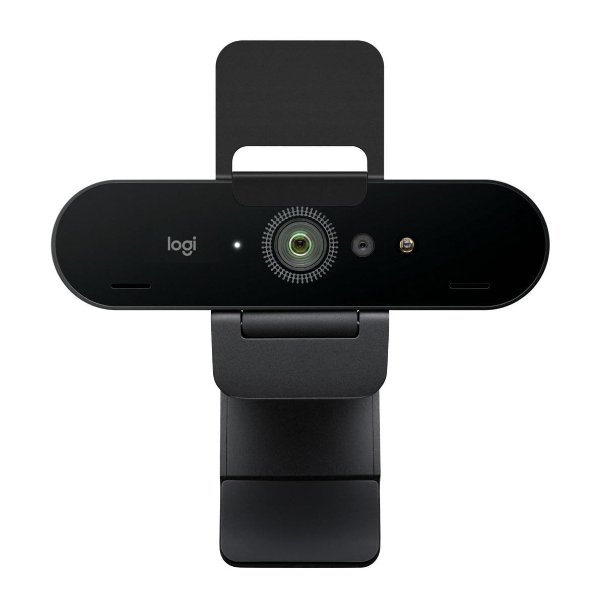 Logitech Brio 4K-webkamera i sort med Windows Hello, centralt placeret linse, statuslampe og integreret skærmbeslag.