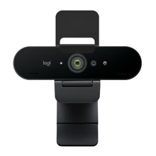 Logitech Brio 4K-webkamera i sort med Windows Hello, centralt placeret linse, statuslampe og integreret skærmbeslag.
