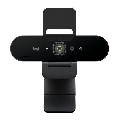 Logitech Brio 4K-webkamera i sort med Windows Hello, centralt placeret linse, statuslampe og integreret skærmbeslag.