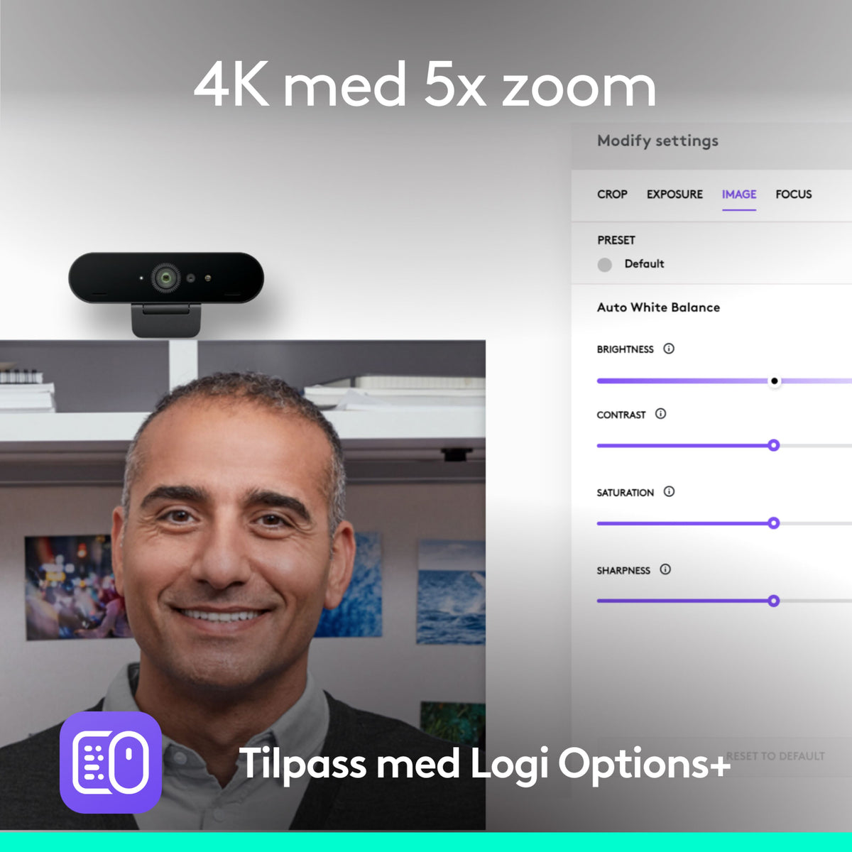 Logitech Brio 4K-webkamera med Windows Hello monteret på skærmen viser en softwaremenu til billedjustering.