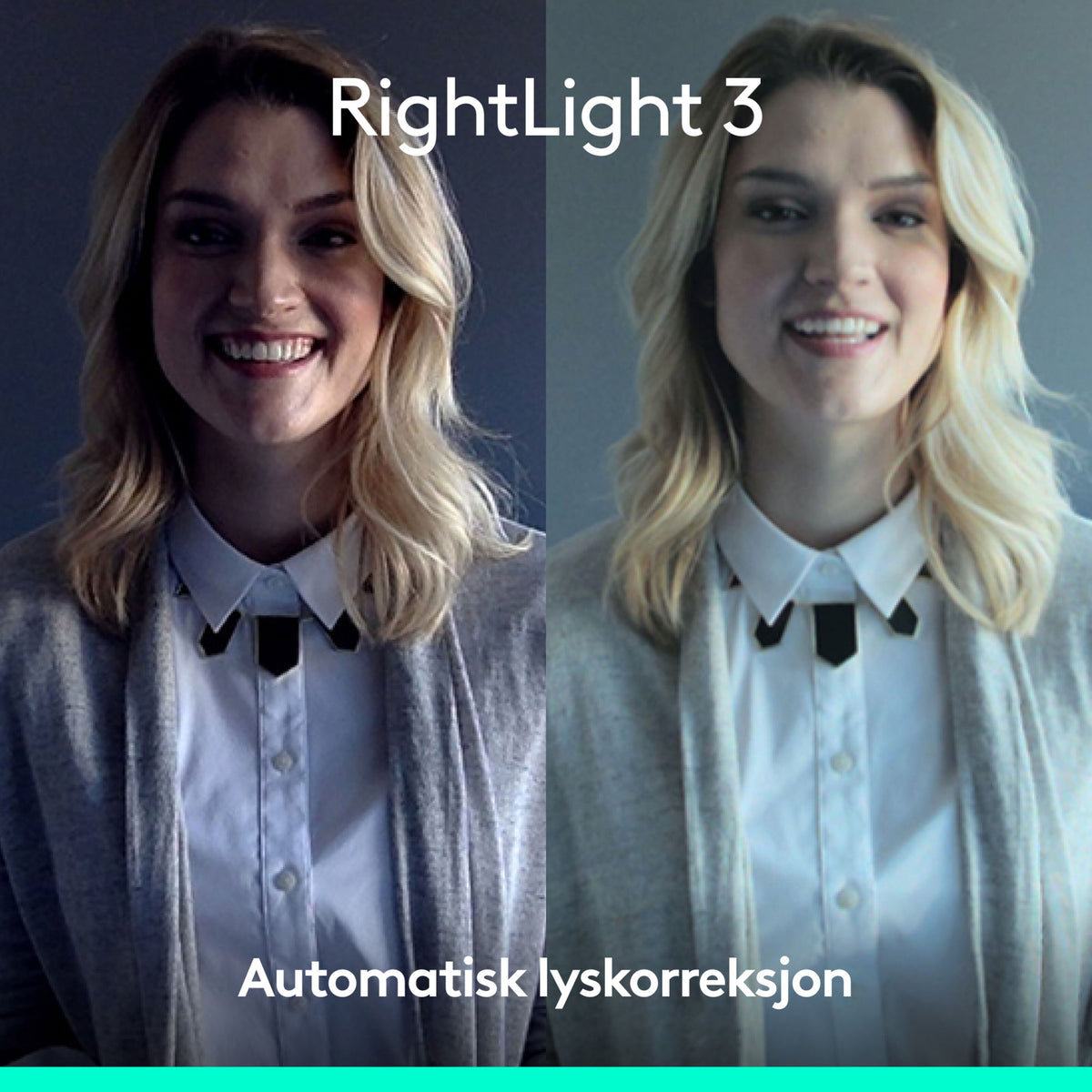 Logitech Brio 4K-webkamera med Windows Hello i split-screen-visning med sammenligning af lyskorrektion.