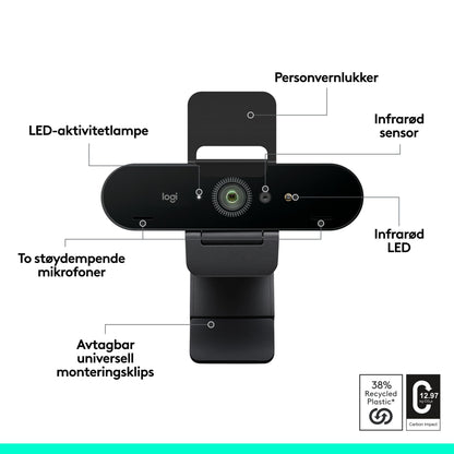 Logitech Brio 4K-webkamera med Windows Hello, linse, privatlivsklap, IR-sensor, LED-lys, to mikrofoner og monteringsklips.