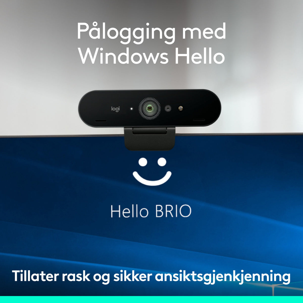 Logitech Brio 4K-webkamera monteret på skærmen med Windows Hello-login-skærm.