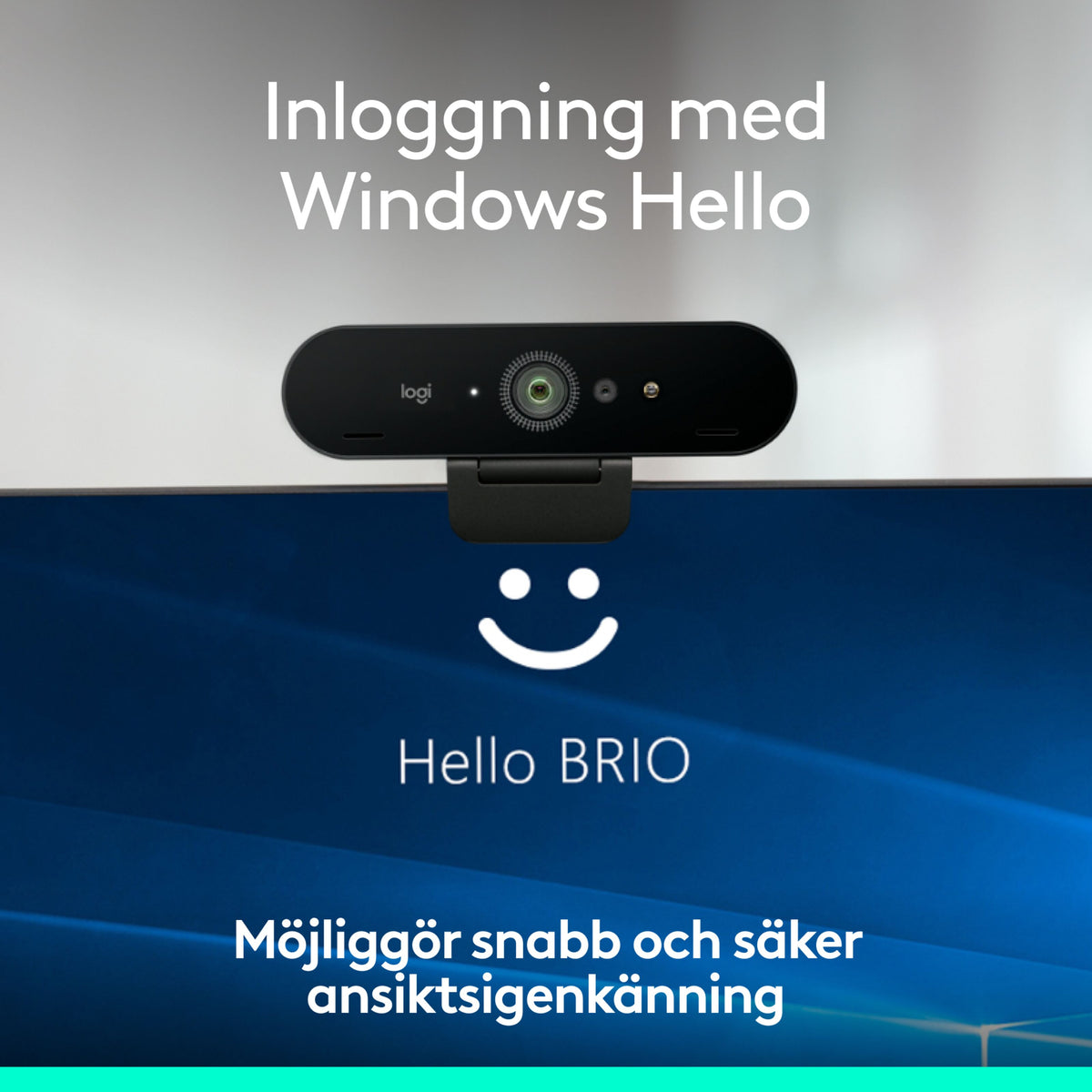 Logitech Brio 4K-webkamera med Windows Hello monteret på computerskærmen med ansigtsgenkendelse.