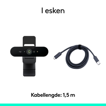 Logitech Brio 4K-webkamera med Windows Hello, monteringsklips og 1,5 meter USB-C til USB-A-kabel.