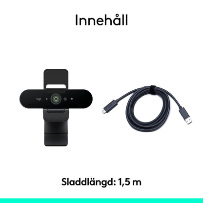 Logitech Brio 4K-webkamera med Windows Hello, monteringsklemme og 1,5 meter USB-kabel.