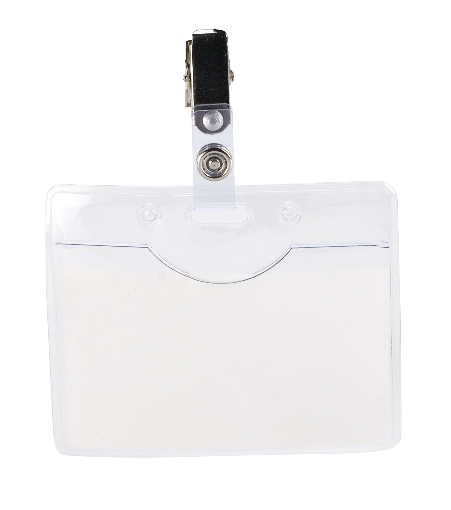 Plastlomme til navneskilt 10-pak med klare holdere, blanke kort og metalclips, passer til 90 x 60 mm navneskilte.
