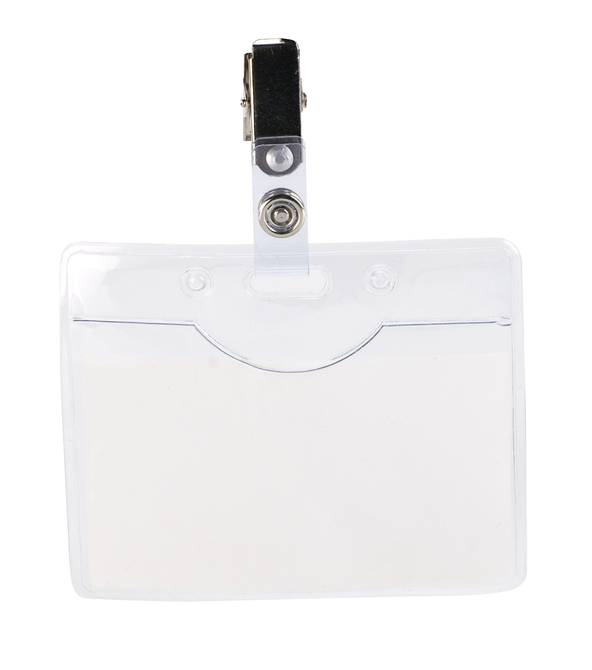 Plastlomme til navneskilt 10-pak med klare holdere, blanke kort og metalclips, passer til 90 x 60 mm navneskilte.