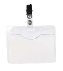 Plastlomme til navneskilt 10-pak med klare holdere, blanke kort og metalclips, passer til 90 x 60 mm navneskilte.