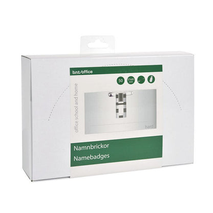 B.N.T plastlomme til navneskilt 50-pak med grøn/hvid label, badgeclip vises, tekst på svensk/engelsk, 90x54 mm.