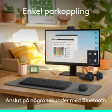 Logitech MK250 trådløst tastatur og mus på skrivebordsunderlag sammen med computerskærm, webcam og hovedtelefoner.