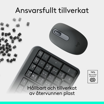 Logitech MK250 trådløst tastatur og mus med plastgranulat og et mærke, der angiver, at 74  af plasten er genanvendt.