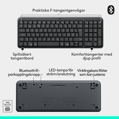 Sort Logitech MK250 trådløst tastatur og mus, kan vendes med funktionstaster, Bluetooth-knap, LED og fødder.
