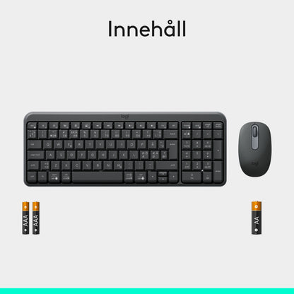 Logitech MK250 trådløst tastatur og mus med to AAA-batterier og et AA-batteri.