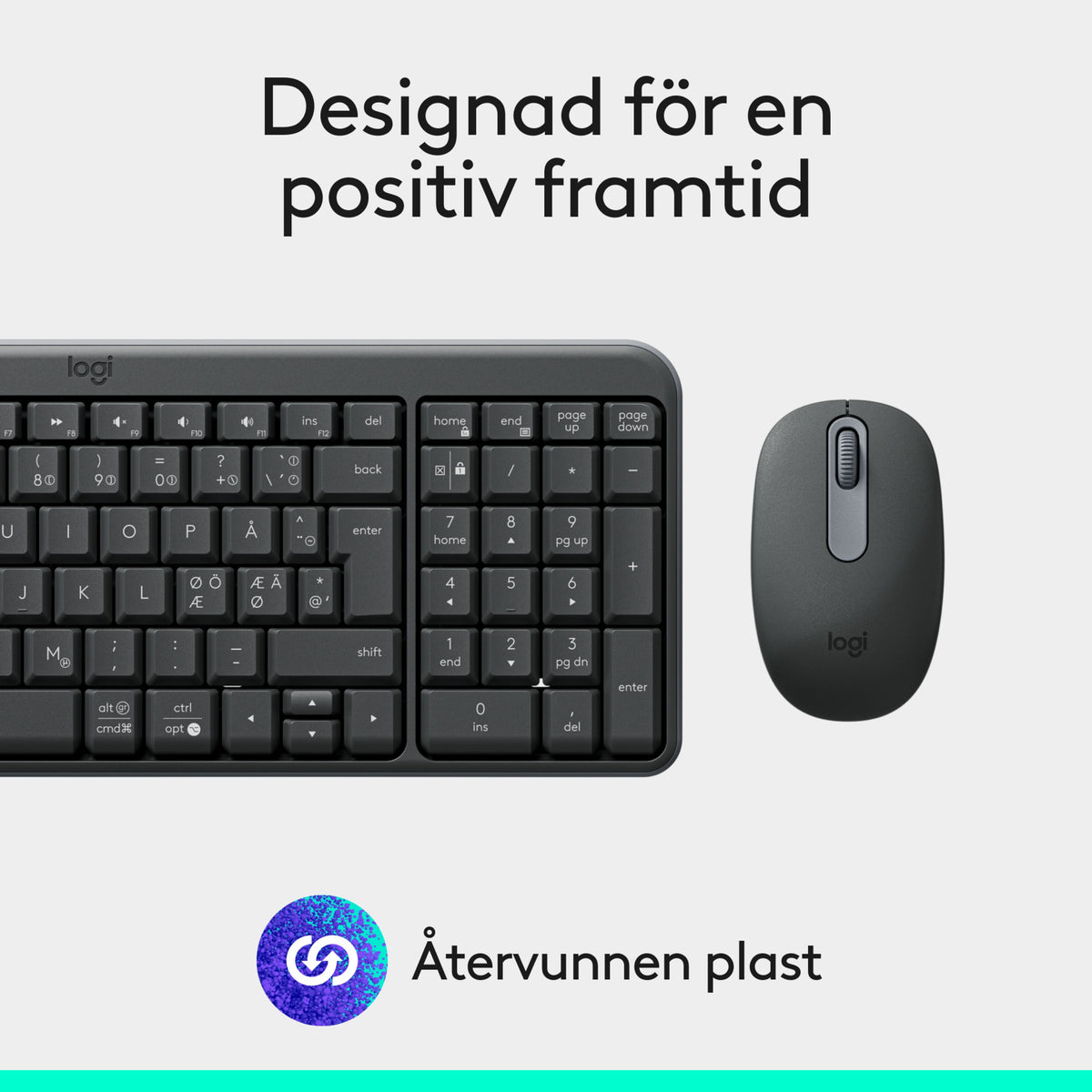 Logitech MK250 sort trådløst tastatur og mus med teksten Designet til en positiv fremtid og genbrugssymbolet.