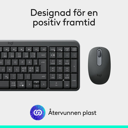 Logitech MK250 sort trådløst tastatur og mus med teksten Designet til en positiv fremtid og genbrugssymbolet.