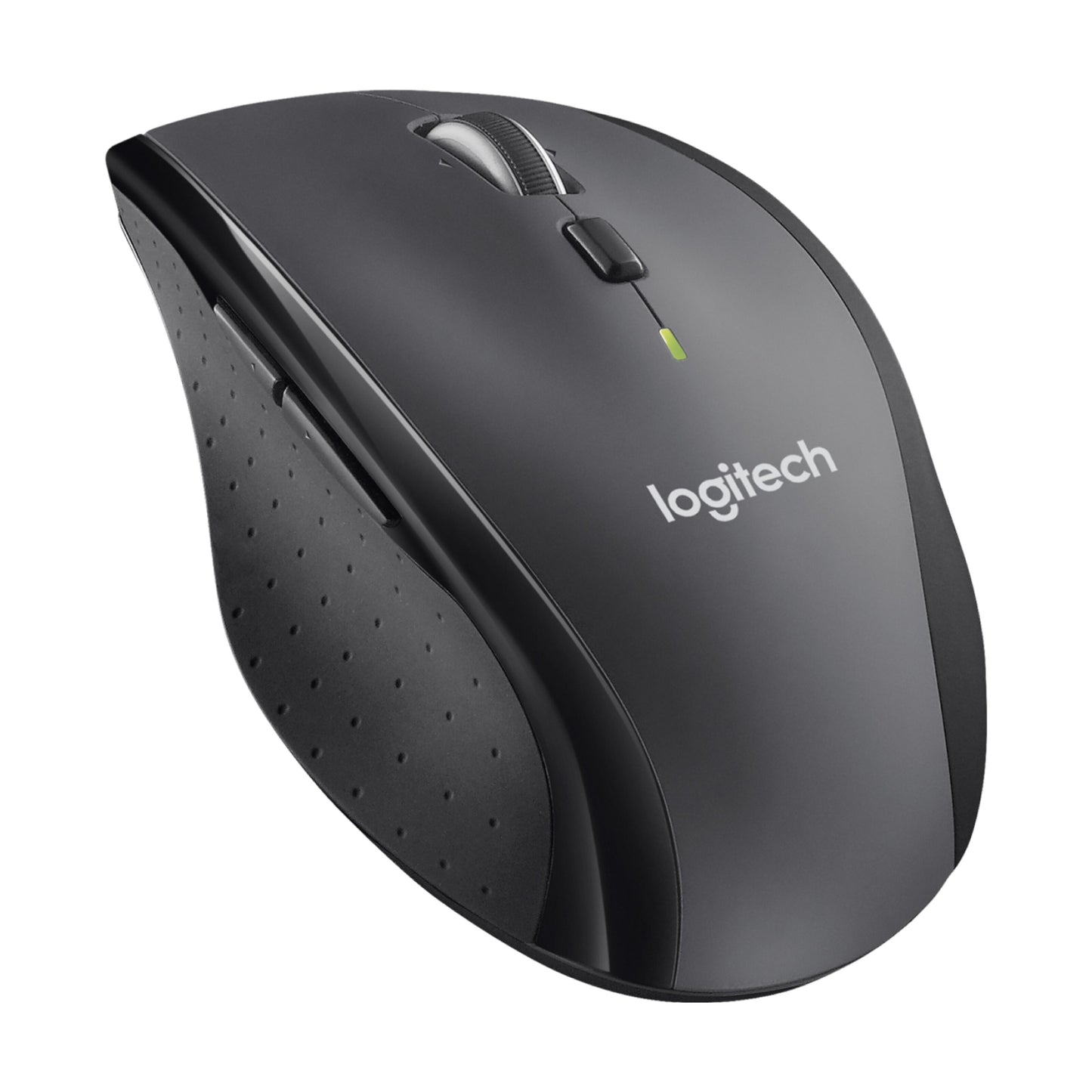 Logitech M705 trådløs mus sorterer med scrollhjul, sideknapper og LED-indikator.