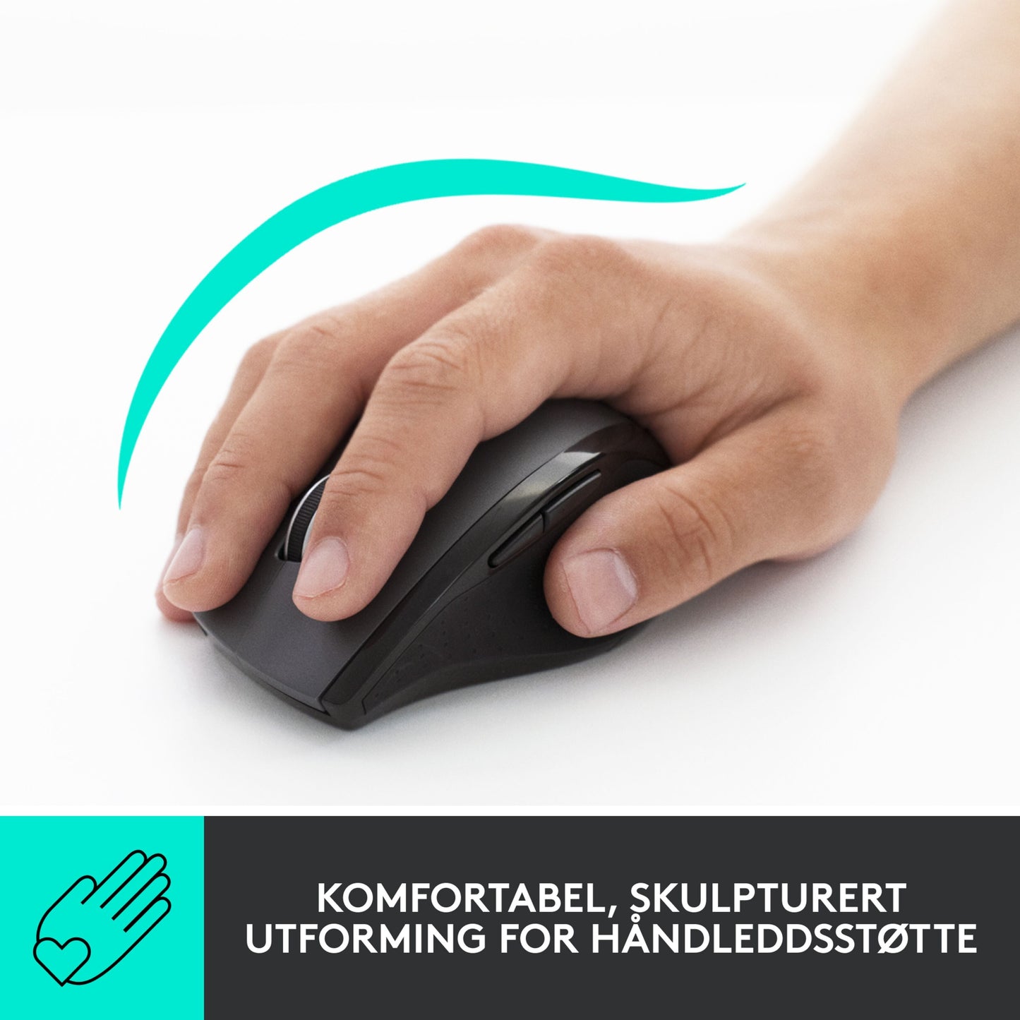 Logitech M705 trådløs computermus i hånden, sort, ergonomisk design, norsk tekst: Komfortabelt design til håndledsstøtte.