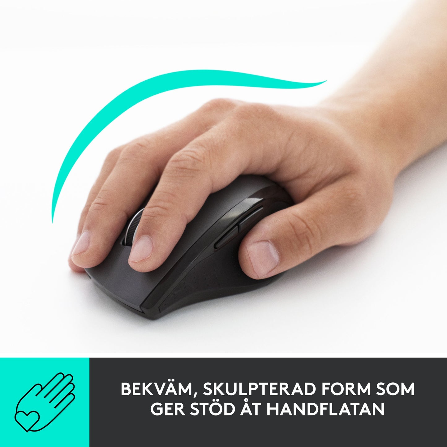 Logitech M705 trådløs computermus, håndgreb, ergonomilinje i turkis, svensk tekst om støtte og lang batteritid.